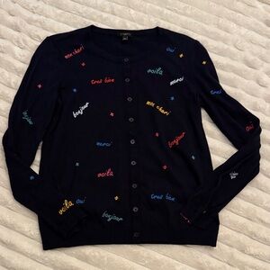 Talbots PSmall Navy French Script Cardigan Sweater Bonjour Oui Button Front